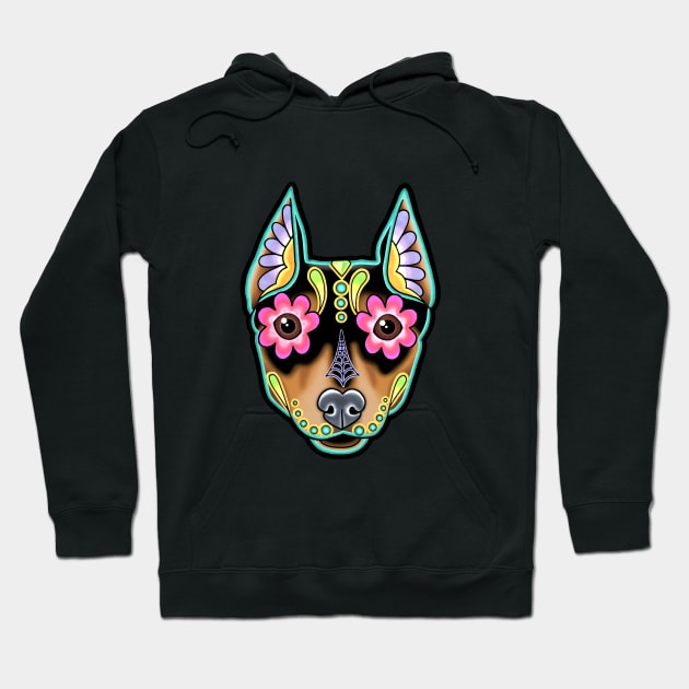 Min Pin - Day of the Dead Miniature Doberman Pinscher Sugar Skull Dog Hoodie by prettyinink